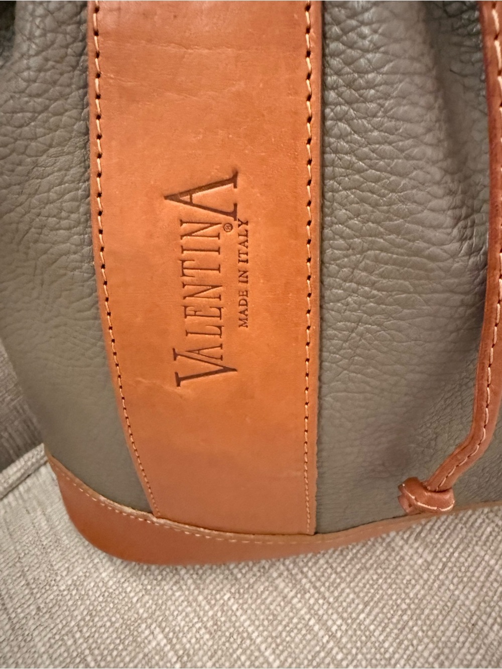 Valentina Italian Leather Two-Tone Brown & Tan Drawstring Bucket Shoulder Bag - Picture 5 of 15